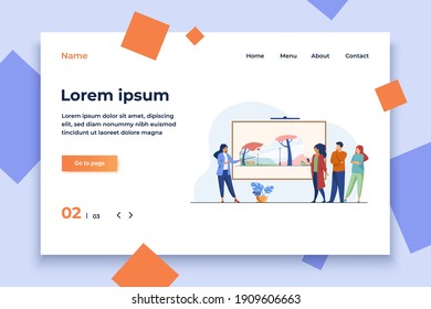 Visitantes de la galería mirando obras de arte. Guía del museo contando sobre la ilustración de un vector plano. Galería de arte, cultura, concepto de exposición para banner, diseño de sitio web o página web de aterrizaje