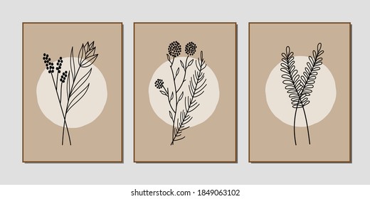 Conjunto de arte mural de la galería de 3 impresiones minimalistas imprimibles. Arte mural para dormitorio, sala de estar y decoración de oficina. Dibujar a mano elementos de diseño vectorial.