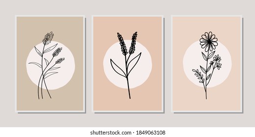 Gallery wall art set of 3 printable minimalist print. Wall art for bedroom, Living room and office décor. Hand draw vector design elements.