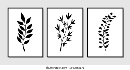 Conjunto de arte mural de la galería de 3 impresiones minimalistas imprimibles. Arte mural para dormitorio, sala de estar y decoración de oficina. Dibujar a mano elementos de diseño vectorial.