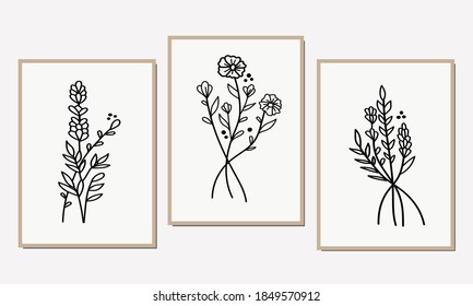 Conjunto de arte mural de la galería de 3 impresiones minimalistas imprimibles. Arte mural para dormitorio, sala de estar y decoración de oficina. Dibujar a mano elementos de diseño vectorial.