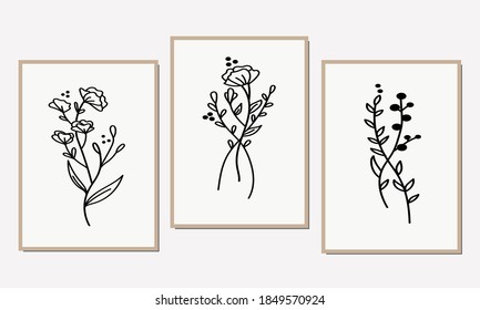 Gallery wall art set of 3 printable minimalist print. Wall art for bedroom, Living room and office décor. Hand draw vector design elements.