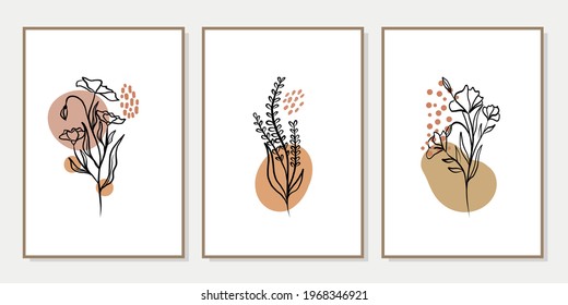 Conjunto de arte mural de la galería de 3 impresiones minimalistas imprimibles. Arte mural para dormitorio, sala de estar y decoración de oficina. Dibujar a mano elementos de diseño vectorial. EPS10 vectores.