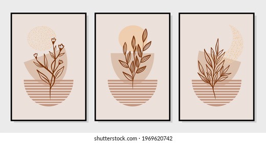 Gallery wall art set of 3 printable minimalist print. Wall art for bedroom, Living room and office décor. Hand draw vector design elements.