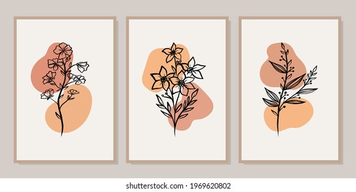 Gallery wall art set of 3 printable minimalist print. Wall art for bedroom, Living room and office décor. Hand draw vector design elements.