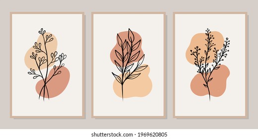Conjunto de arte mural de la galería de 3 impresiones minimalistas imprimibles. Arte mural para dormitorio, sala de estar y decoración de oficina. Dibujar a mano elementos de diseño vectorial.