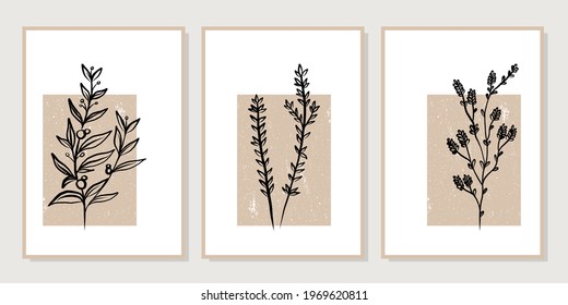 Gallery wall art set of 3 printable minimalist print. Wall art for bedroom, Living room and office décor. Hand draw vector design elements.