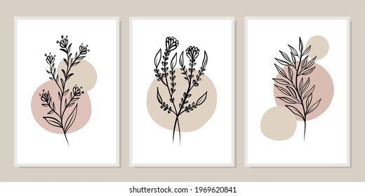 Conjunto de arte mural de la galería de 3 impresiones minimalistas imprimibles. Arte mural para dormitorio, sala de estar y decoración de oficina. Dibujar a mano elementos de diseño vectorial.