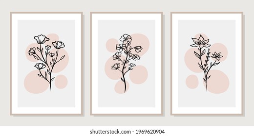 Conjunto de arte mural de la galería de 3 impresiones minimalistas imprimibles. Arte mural para dormitorio, sala de estar y decoración de oficina. Dibujar a mano elementos de diseño vectorial.