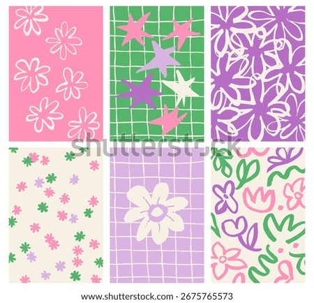 Gallery wall art set with abstract flowers, chamomiles, stars, checkered pattern. Naive playful curved bold brush strokes, lines and organic shapes, pastel colors. Modern girly y2k style