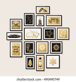 Gallery wall, merry christmas and happy new year card design. Snowflake, calligraphy, sweets, tree vector illustration.