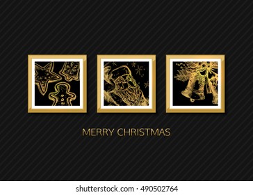 Gallery wall, merry christmas and happy new year card design. Santa, bell, candy vector illustration.