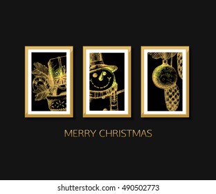 Gallery wall, merry christmas and happy new year card design. Candle, snowman vector illustration.