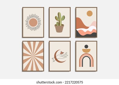 gallery wall set boho art prints dorm decor. Tropical Foliage, sun, Landscape, floral, Woman hands, butterfly, geometry. Design for wallpaper, wall decor, cards, print, filters, and banners.