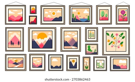 Ilustración vectorial de pared de Galería con paisaje enmarcado y arte botánico
