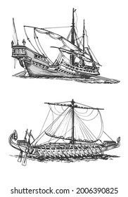 Galley of the ancient Greeks. Wooden sailboat with oars. Graphic hand drawing. Vector