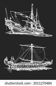 Galley of the ancient Greeks. Wooden sailboat with oars. Graphic hand drawing, inversion. Vector