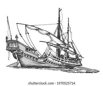 Galley of the ancient. Wooden sailboat with oars. Graphic hand drawing. Vector