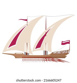 Galley. Big ship with paddles. Flat style. Vector isolated on white background.