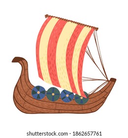 Galley isolated on white background. Cartoon Viking ship made of wood in doodle style vector illustration.