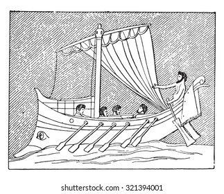 Galley with its sail, vintage engraved illustration.
