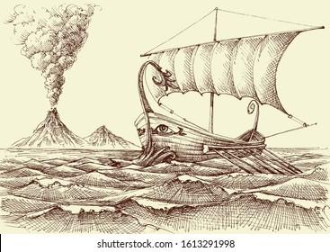 Galley ship on sea hand drawing, a volcano eruption in the background