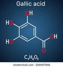 Gallic acid, trihydroxybenzoic acid molecule, is phenolic acid, found in gallnuts, sumac, witch hazel, tea leaves and oak bark. Skeletal chemical formula on dark blue background. Vector illustration