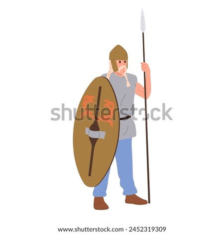 Gallic ancient warrior cartoon character holding spears and wooden shield flat vector illustration
