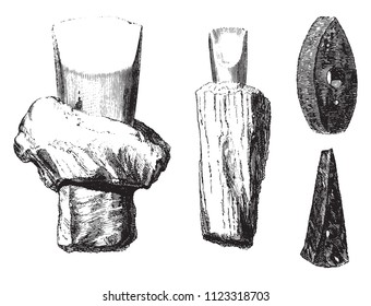Gallic instruments, Objects discovered in the lakes of Switzerland, Plate I, vintage engraved illustration. Magasin Pittoresque 1855.
