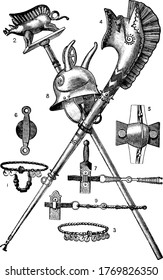 Gallic remains, a set of tools showing in the picture, vintage line drawing or engraving illustration.