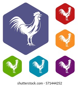 Gallic rooster icons set rhombus in different colors isolated on white background