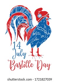 Gallic rooster in phrygian cap  Bastille Day design template  Hand drawn vector sketch illustration