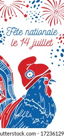 Gallic rooster in phrygian cap  Symbol France   fireworks  Bastille Day design template  Title in French National celebration 14th July  Hand drawn vector sketch illustration