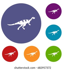 Gallimimus dinosaur icons set in flat circle red, blue and green color for web