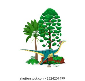 Dinosaurio prehistórico Gallimimus caminando entre exuberantes plantas tropicales y árboles. Vector de la antigüedad con una rica vegetación y un personaje de dibujos animados de Dino para paleontología Recurso o libro para niños