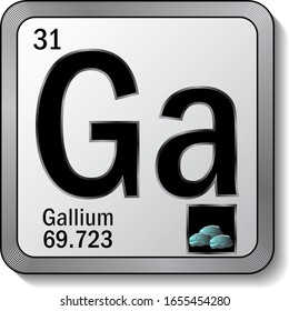 Gallium or Ga periodic table element icon on silver metallic button vector illustration. 3d sticker with soft shadow for chemical product label or digital web page graphic design element.