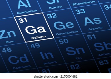 Gallium on periodic table of the elements. Metal and chemical element with symbol Ga, from Latin Gallia for Gaul, and with atomic number 31. Used for semiconductors and alloys with low melting points.