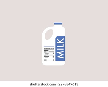 Frasco de leche de galón con una etiqueta de datos nutricionales en su lado, leche sin lactosa. Ilustración vectorial aislada en fondo blanco.