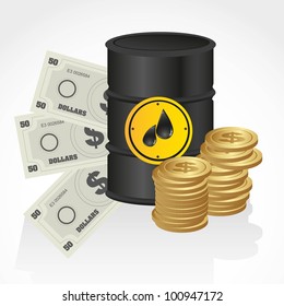 gallon of petroleum, with banknote and coins, vector illustration