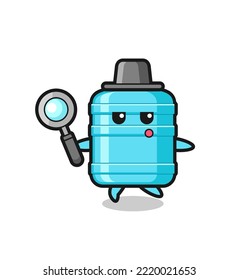 gallon water bottle cartoon character searching with a magnifying glass , cute design