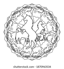 galloping herd of horses circling around vector mandala coloring book