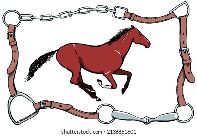 Galloping horse or bay color mustang in bridle leather belt frame. Equestrian pony style with riding gear tack bit, stirrup, buckle. Hand drawing vector cartoon vintage art