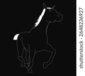 Galloping horse in black and white silhouette, powerful motion captured mid-stride against a dark background. The dynamic pose highlights strength and speed, perfect for equestrian themes or dramatic.