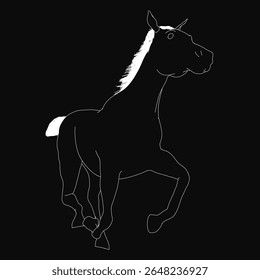 Cavalo galopante em silhueta preto e branco, movimento poderoso capturado a meio da distância contra um fundo escuro. A pose dinâmica destaca força e velocidade, perfeito para temas equestres ou dramático.