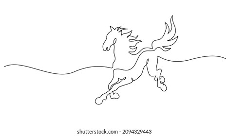 Caballo galopante. Dibujo continuo de una línea. Logo del caballo. Ilustración vectorial en blanco y negro. Concepto de logotipo, tarjeta, pancarta, afiche, volante