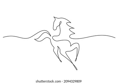 Galloping horse. Continuous one line drawing. Horse logo. Black and white vector illustration. Concept for logo, card, banner, poster, flyer