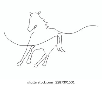 Caballo galopante. Dibujo continuo de una línea. Logo del caballo. Ilustración vectorial en blanco y negro. Concepto de logotipo, tarjeta, pancarta, afiche, volante.