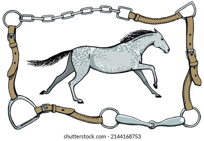 Galloping horse or dapple grey color mustang in bridle leather belt frame. Equestrian pony style with riding gear tack bit, stirrup, buckle. Hand drawing vector cartoon vintage art