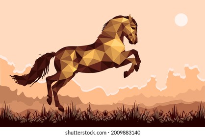 galloping horse in the field, vector isolated image in the low poly style
