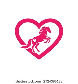 Caballo galopando dentro de un concepto de diseño de logotipo de corazón con un corazón Pequeño en la cadera del caballo, Ilustración vectorial